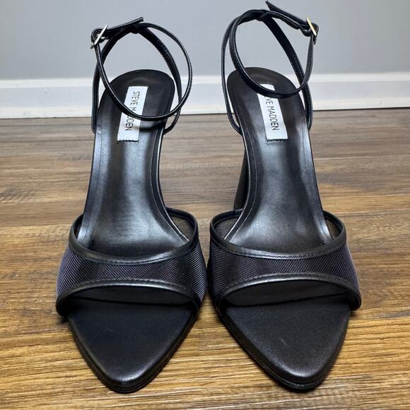 Steve Madden BEKI size 10 M black strappy heels pointed open toe mesh & leather - Picture 6 of 14